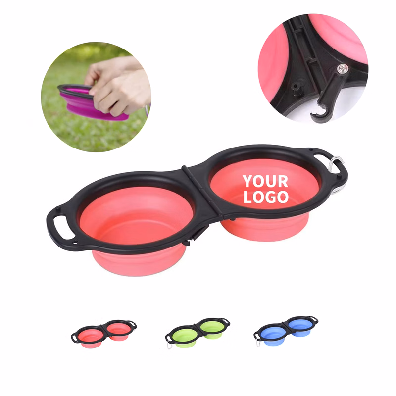 Folding Double Pet Bowl With Carabiner Attachment