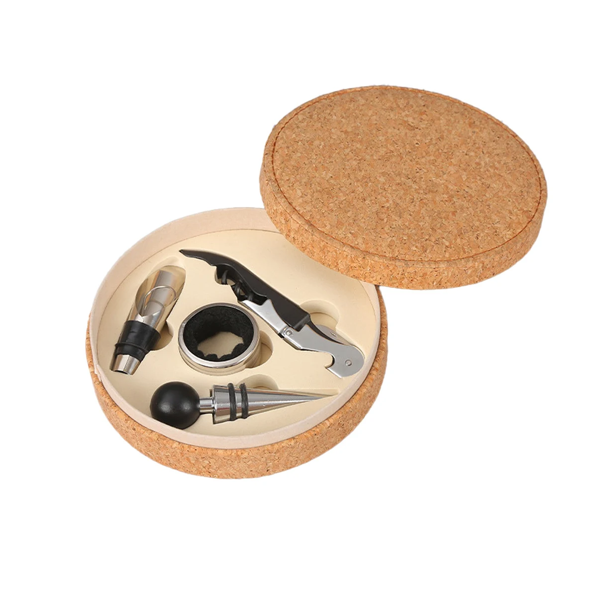 Wood Grain Leather Round Box Red Wine Opener Set 1