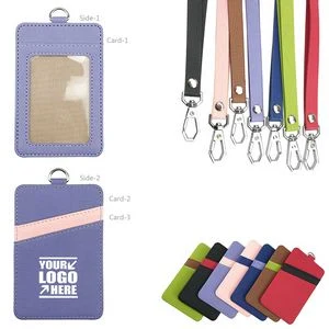 3 Pockets PU Leather Lanyard Card Holder with Dual Color Back 1