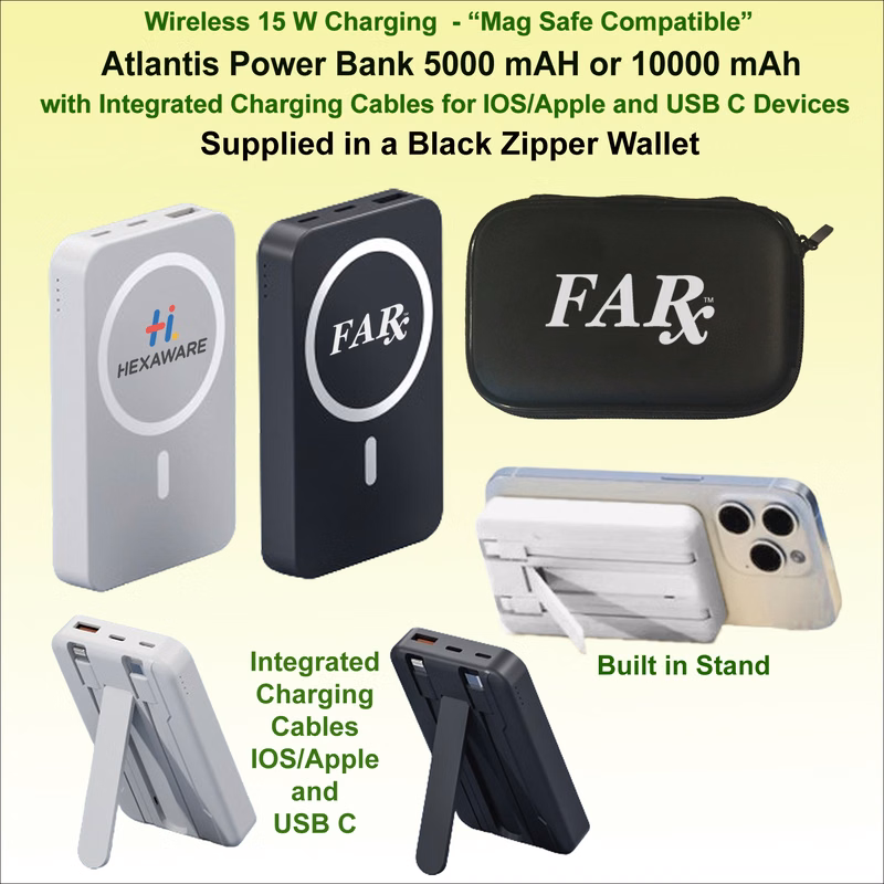 Atlantis Power Bank 10000 mAh,Integrated Charging Cables "Mag Safe" Supplied in a Black Wallet.