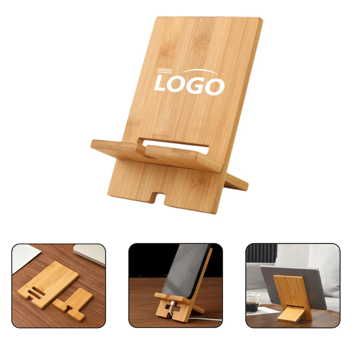 Bamboo Desktop Phone Tablet Holder with Charging Slot 1