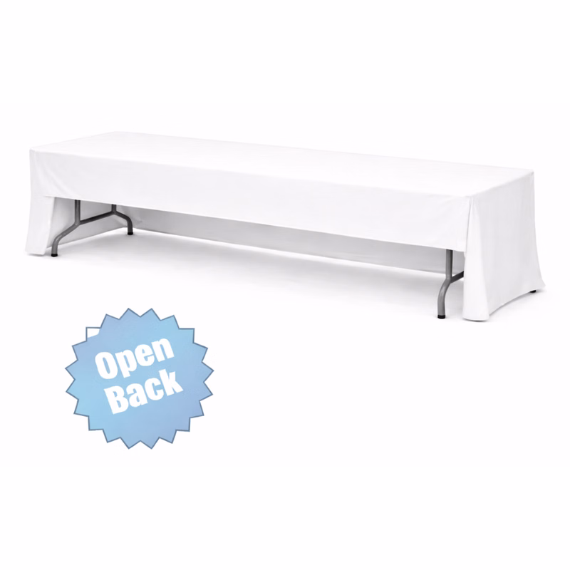 8 ft White Table Throw Open Back w/Front Logo