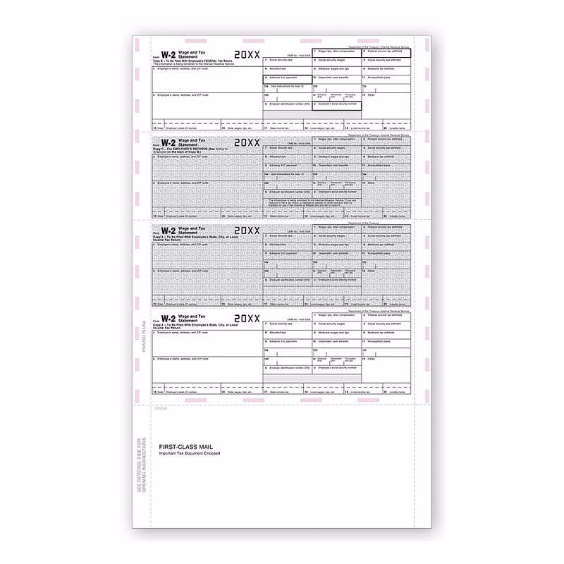 W-2 Tax Forms, 14" 4-Up, Emp Copy, Horiz, Pressure - 500 Sht