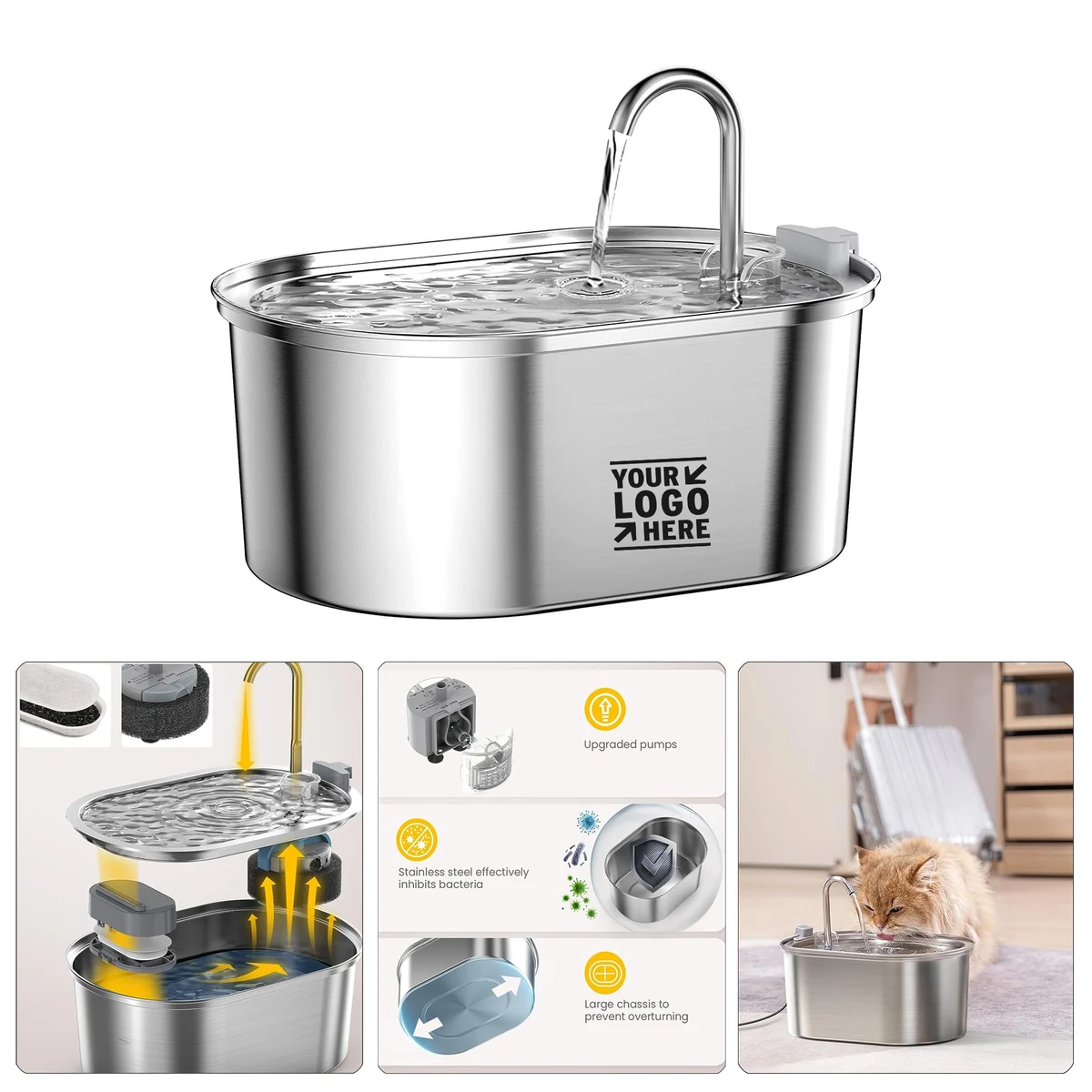 3.2L/108oz 304 Stainless Steel Automatic Multiple Pet Cat Water Fountain with Quiet Pump 1