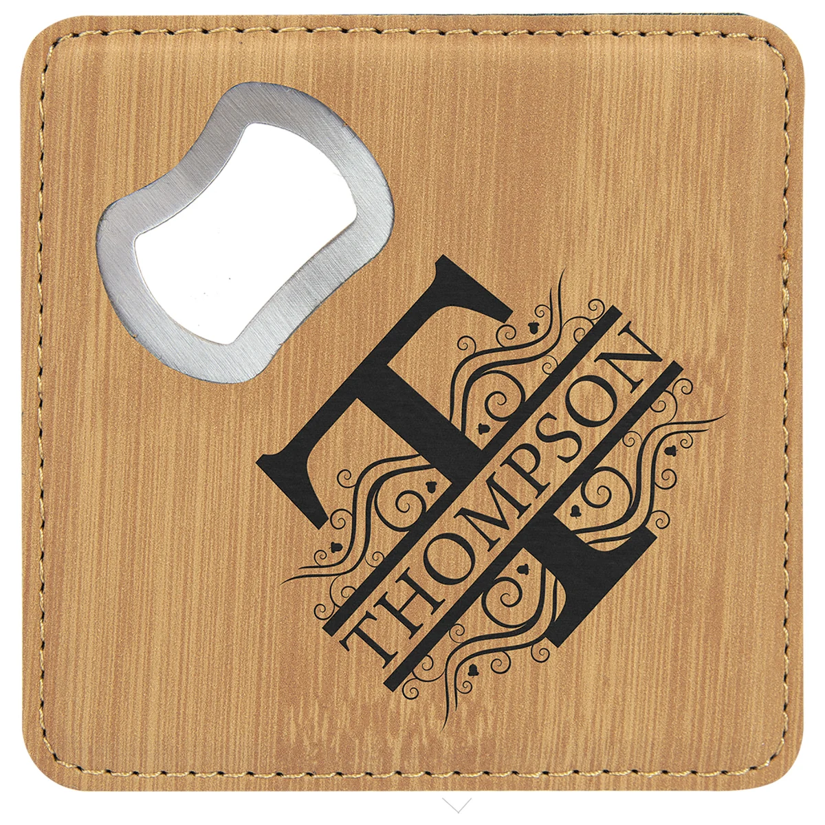 4" x 4" Square Bamboo Leatherette Coaster with Bottle Opener 1