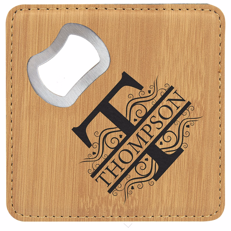 4" x 4" Square Bamboo Leatherette Coaster with Bottle Opener