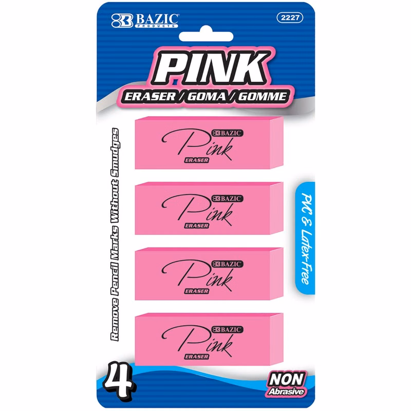Pencil Erasers - 4 Count Pink Beveled Edge
