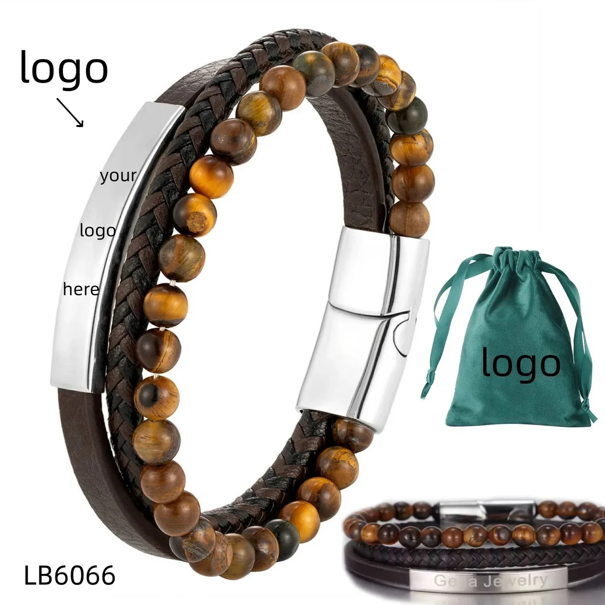 Tiger Eye Bead Men Bracelet Leather Gift for Him 1