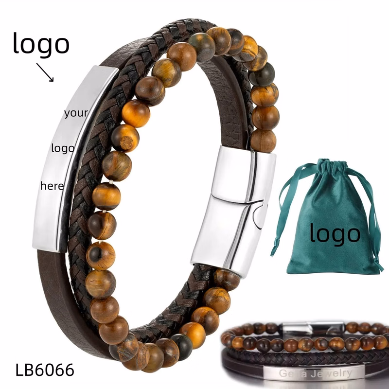 Tiger Eye Bead Men Bracelet Leather Gift for Him