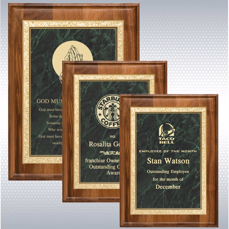 Walnut Rectangle Plaque w/Green Brass Engraving Plate (7" x 9")