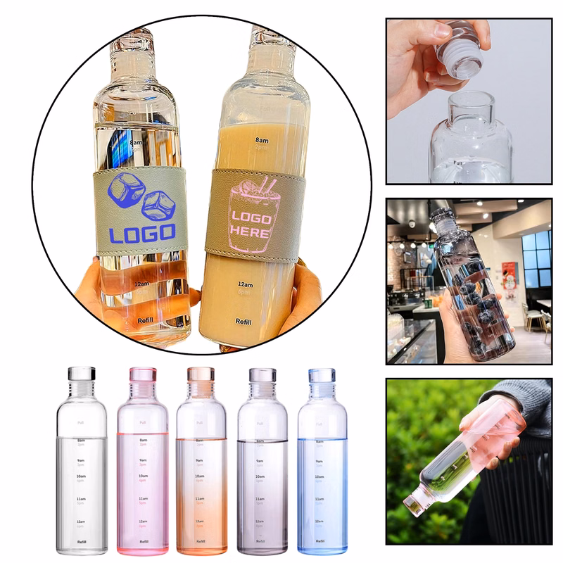 Portable Glass Water Bottle  With Time Marker