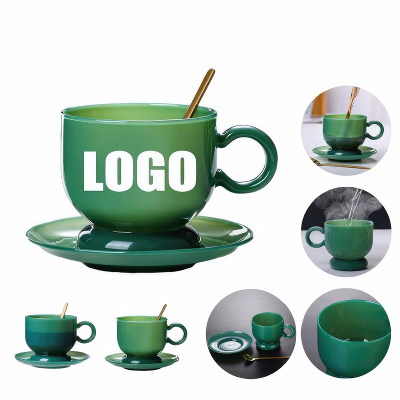 12.8 OZ Glass Tea Cup Coffee Mug with Saucer &Spoon Set