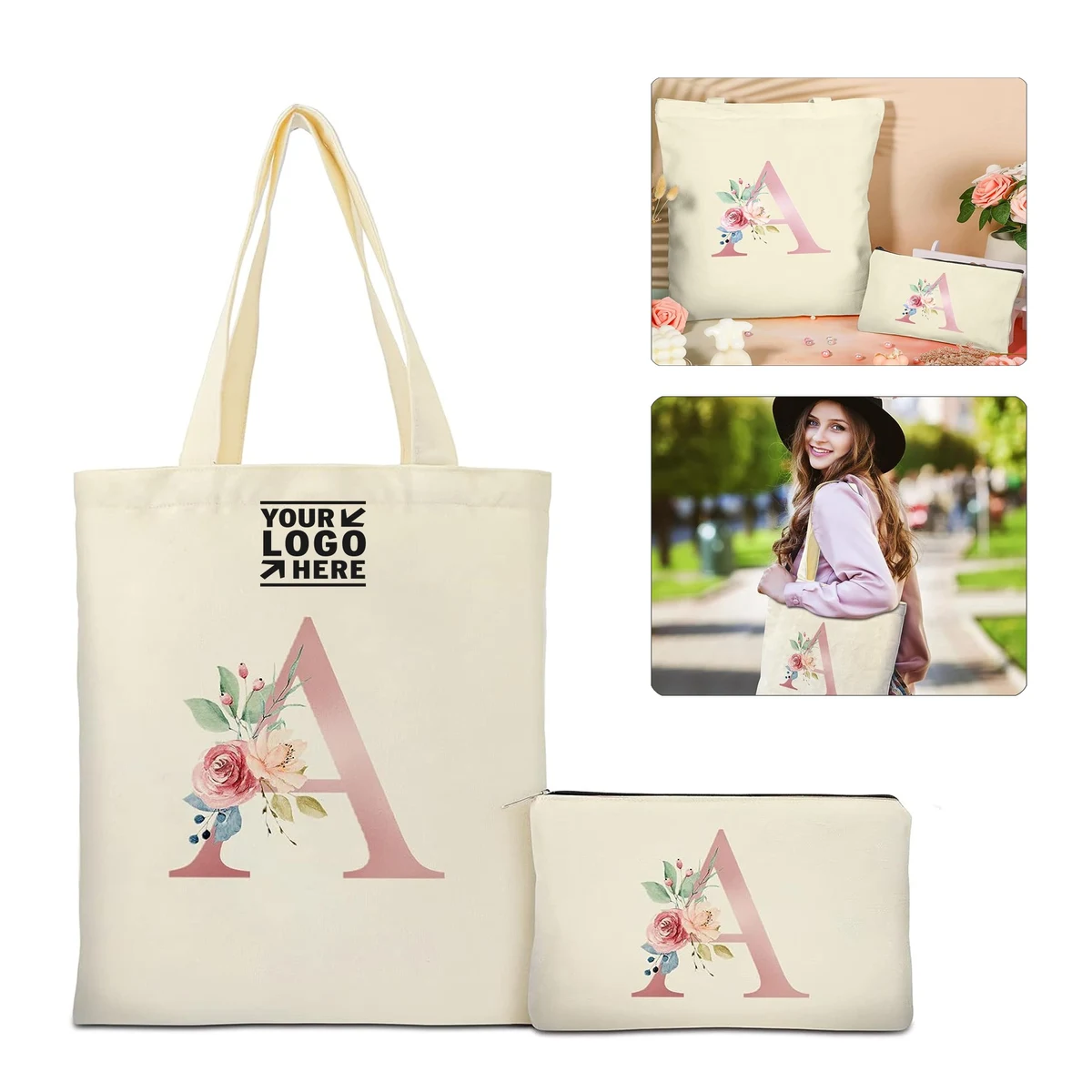 Wedding Birthday Gift Canvas Personalized Tote And Cosmetic Makeup Bag with Zipper Pocket 1