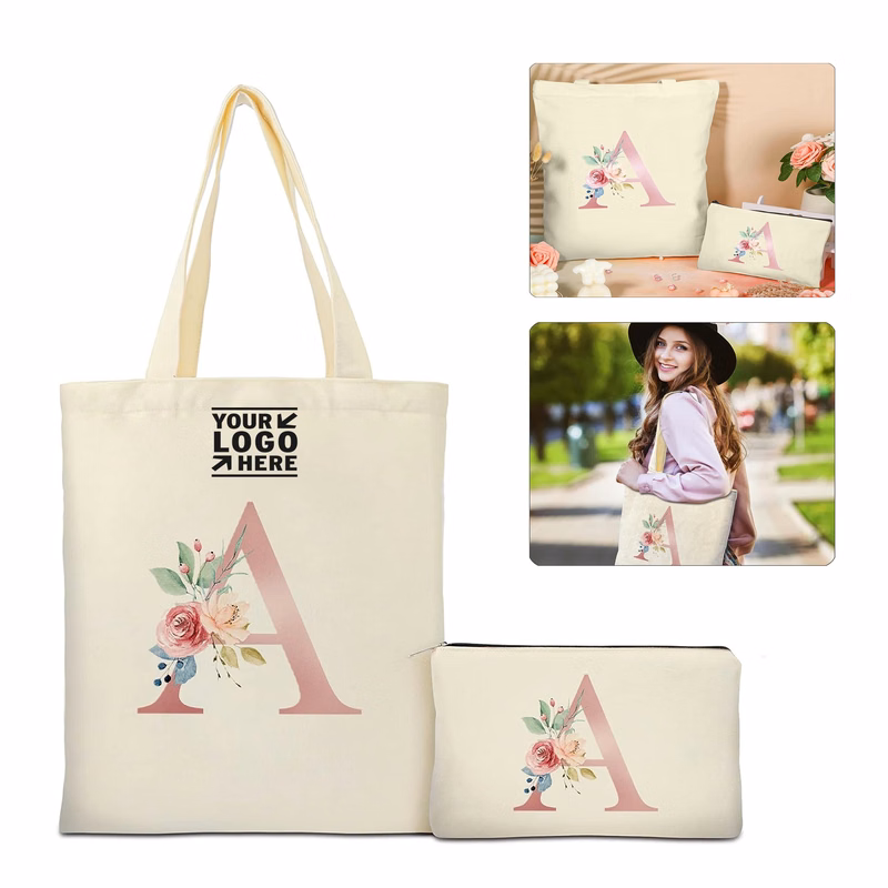 Wedding Birthday Gift Canvas Personalized Tote And Cosmetic Makeup Bag with Zipper Pocket