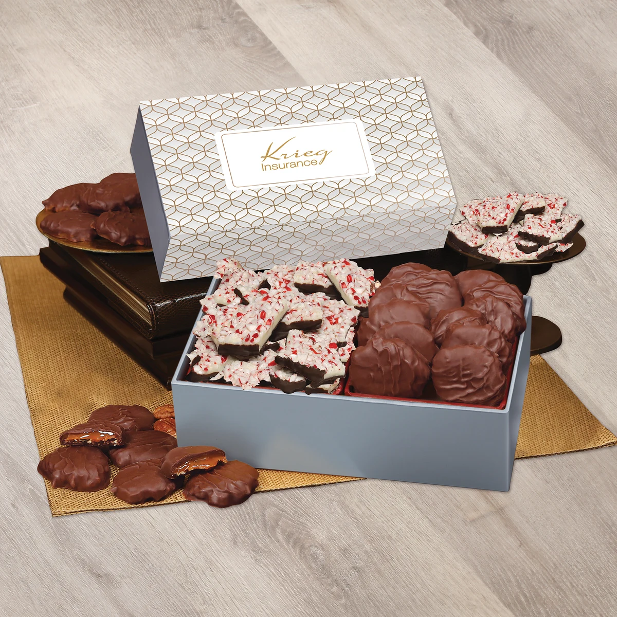 Peppermint Bark & Pecan Clusters in Gift Box with Silver & Gold Geometric Sleeve 1