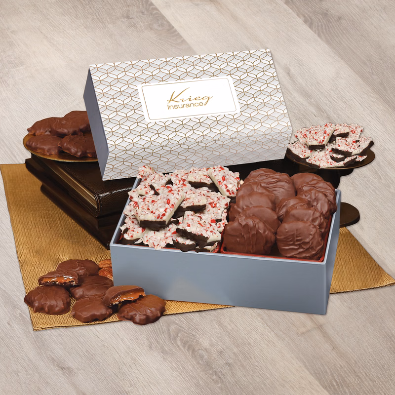 Peppermint Bark & Pecan Clusters in Gift Box with Silver & Gold Geometric Sleeve