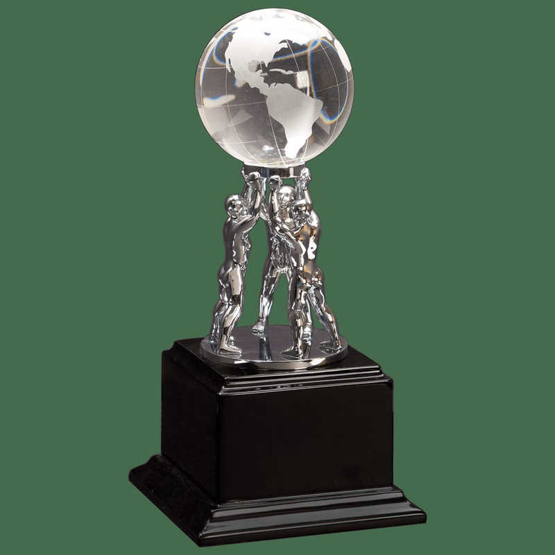 10" Clear/Silver/Black Crystal Globe with Men/Stand on Piano Finish Base