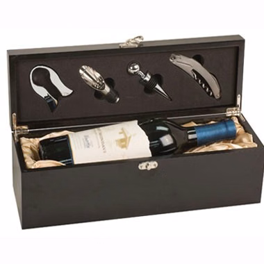 BLACK FINISH SINGLE WINE BOX WITH TOOLS