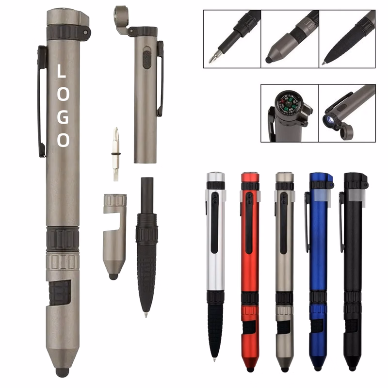 MOQ 6-in-1 LED Compass Ballpoint Pen with Stylus and Tool