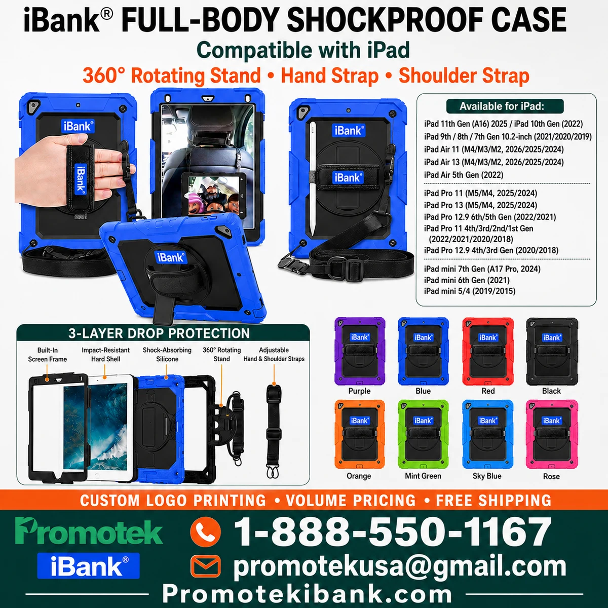 iBank ® Full-Body Drop Protection Shockproof for iPad, 360° Rotating Stand, Hand/Shoulder Strap 1