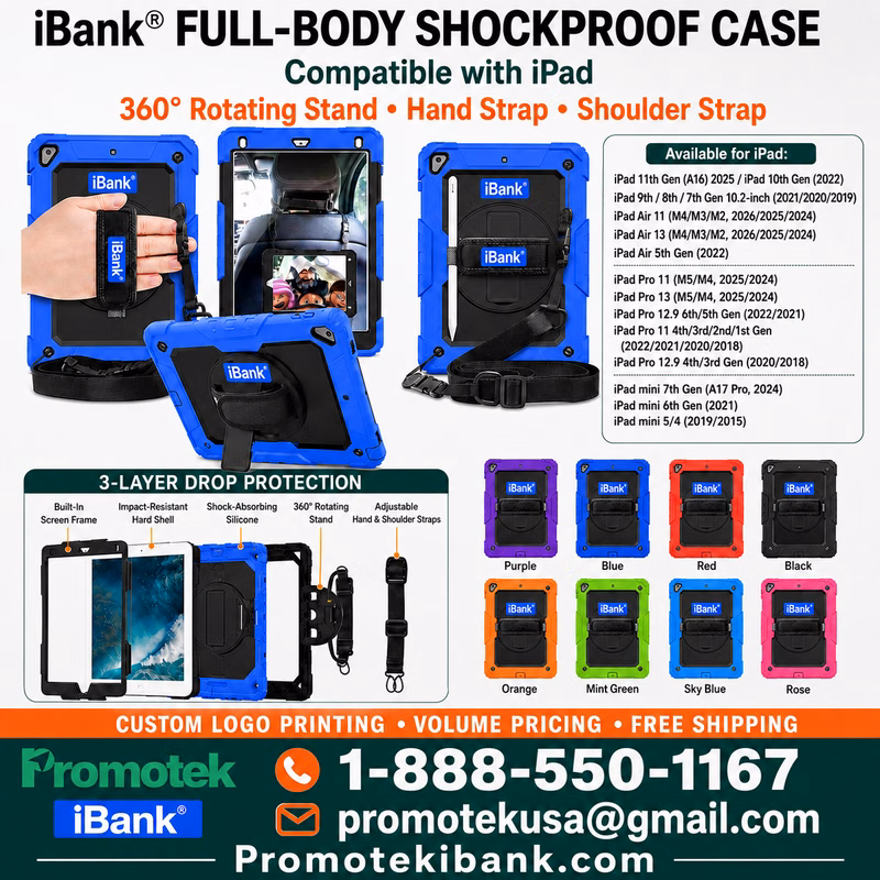 iBank ® Full-Body Drop Protection Shockproof for iPad, 360° Rotating Stand, Hand/Shoulder Strap