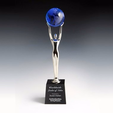 Blue Optical Crystal Globe Award on Black Optical Crystal