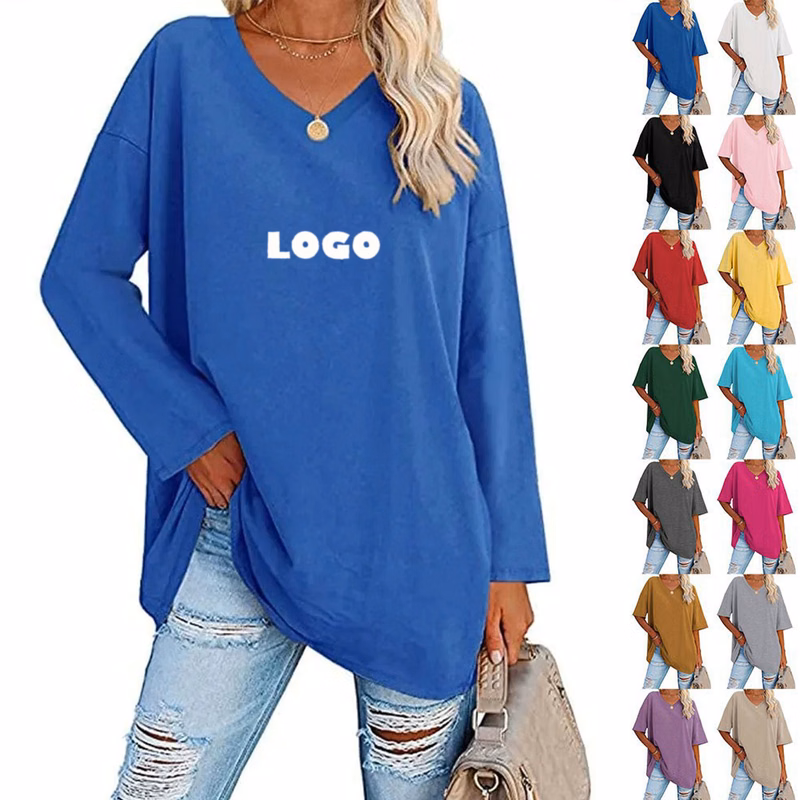 Women Long Sleeve Loose Fit V Neck T Shirt