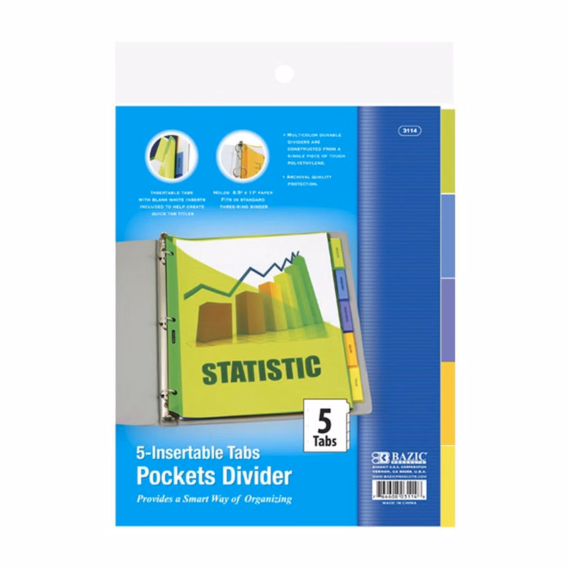 Index Dividers - 5 Count 3 Ring Reinforced Front Pockets Labels