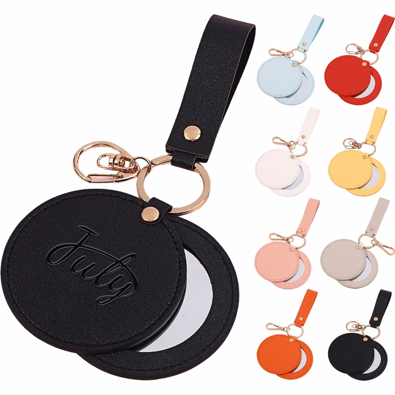 Round PU Leather Compact Mirror Keychain