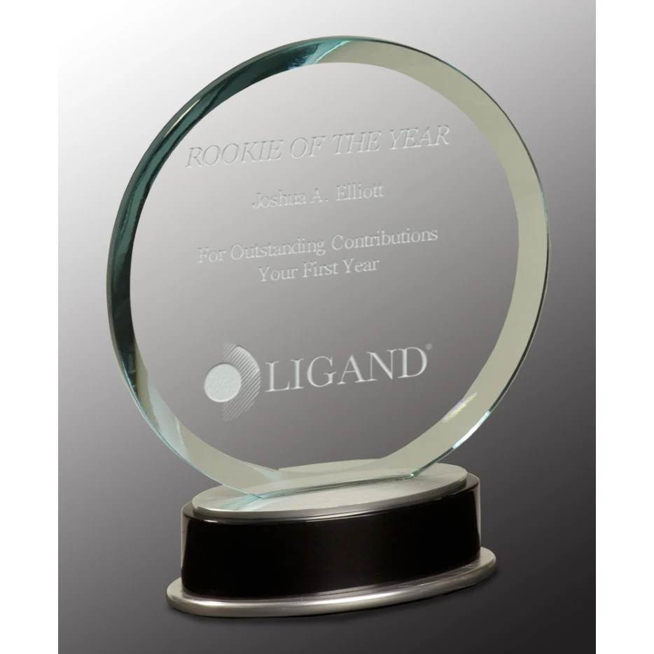 7 1/4" Jade Round Metro Glass Award with Black and Silver Base 1