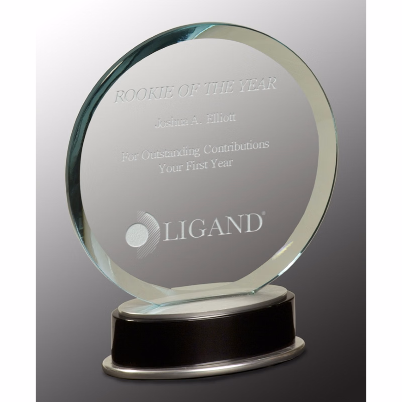 7 1/4" Jade Round Metro Glass Award with Black and Silver Base