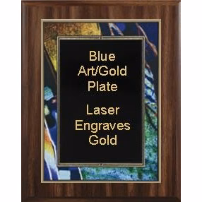 7" x 9" Classic Walnut Finish Plaque with a Blue Art/Black Plate