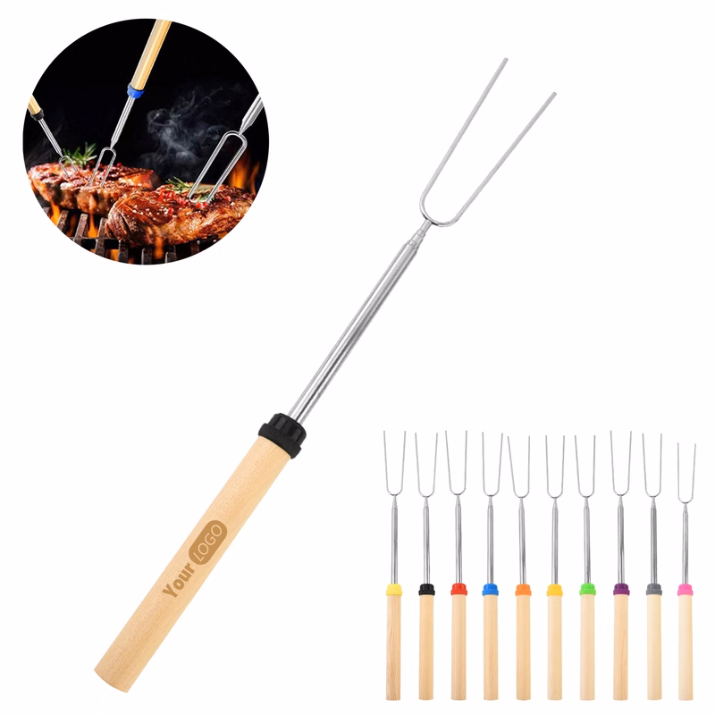 Telescopic Barbecue Skewer Fork With Wooden Handle
