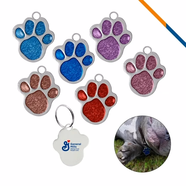 Custom Plastic Glitter Paw Pet ID Tags With O Ring — Sparkly Pet Safety Branding