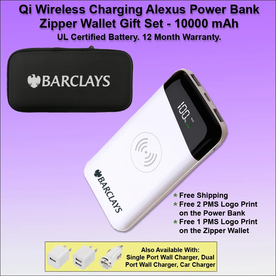 Qi Wireless Charging Alexus Power Bank Zipper Wallet Gift Set 10000 mAh - White 1