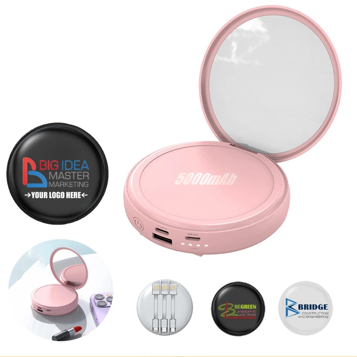 Portable Charger Mirror Power Bank 5000mah with Cables 1
