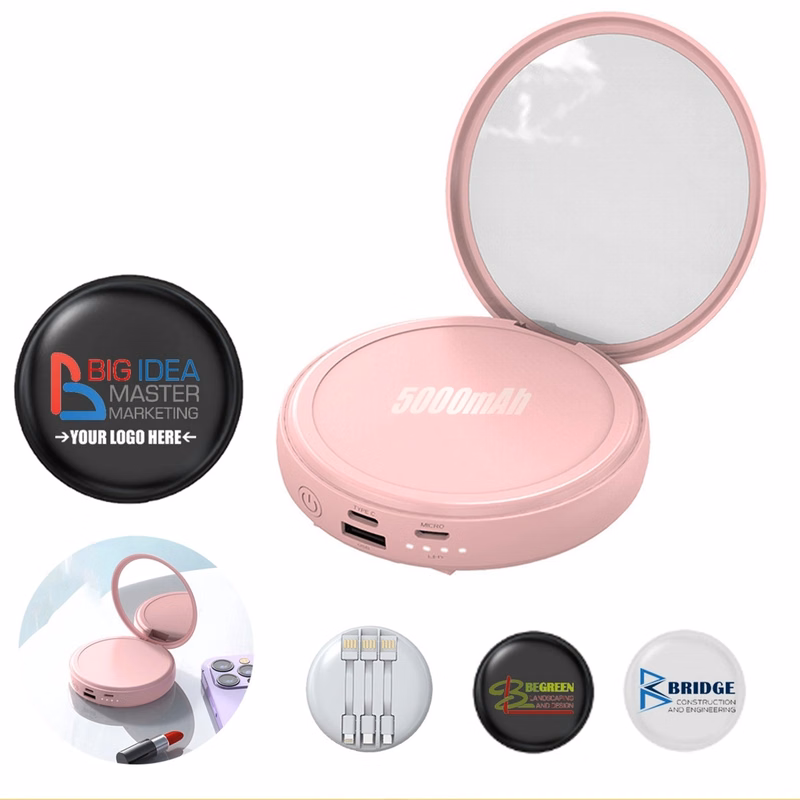 Portable Charger Mirror Power Bank 5000mah with Cables