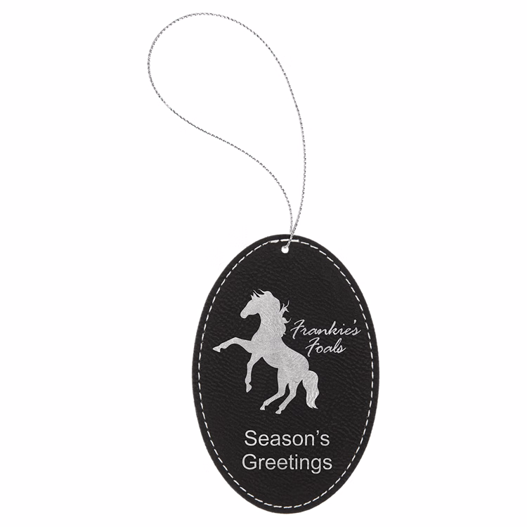 Black/Silver Leatherette Oval Ornament with Silver String