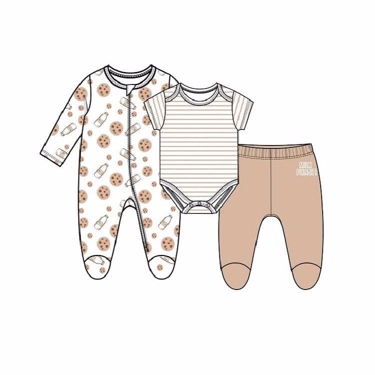 Unisex Sleep & Play Bodysuit Sets Tan 0-9M 3pc