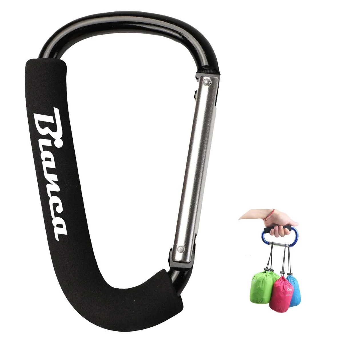 Large Aluminum Carabiner Strollers Hook w/ Sponge Grip 1