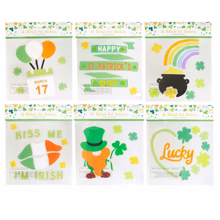 St. Patrick's Day Gel Cling Stickers Six Assorted