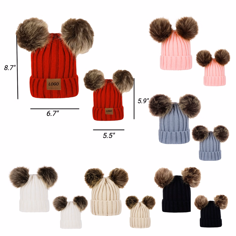 Knitted Beanie Hat With Double Pom