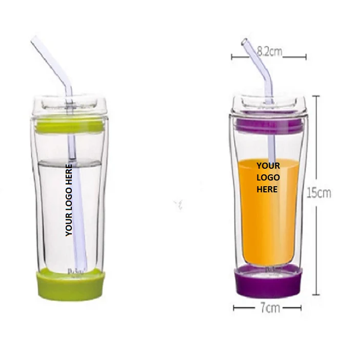 Double Wall Glass Juice Cup w/ Glass Lid & Straw 10 oz 1