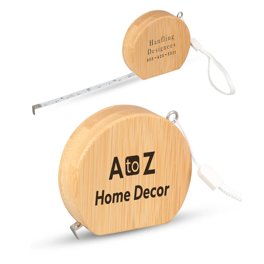 Union Printed - Bamboo Wood (3ft) Round Shaped Tape Measure and Wrist Band with 1-Color Logo 1