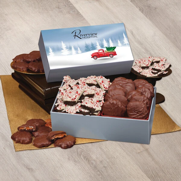 Peppermint Bark & Pecan Clusters in Gift Box with Red Truck Sleeve 1
