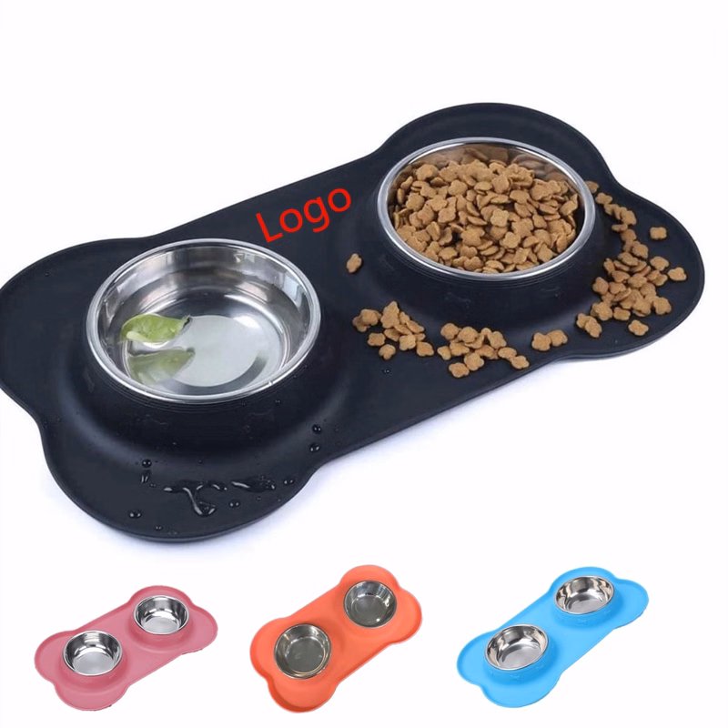 Double Pet Bowl with Non Spill Silicone Mat