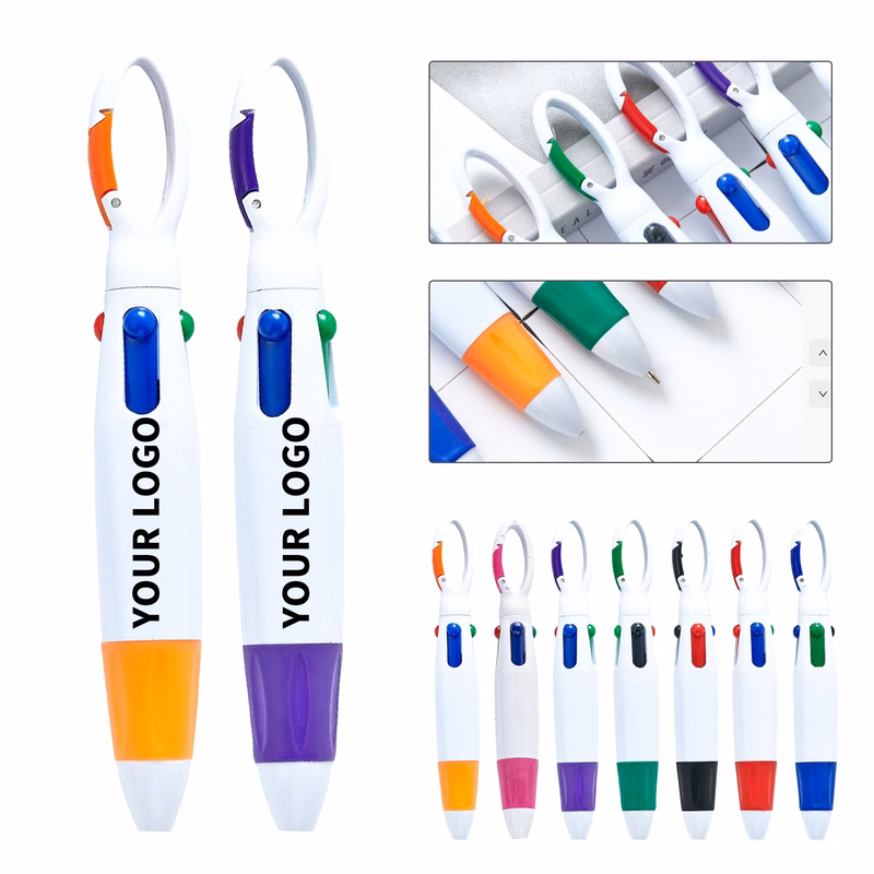 Four Color Ballpoint Pen With Carabiner Clip