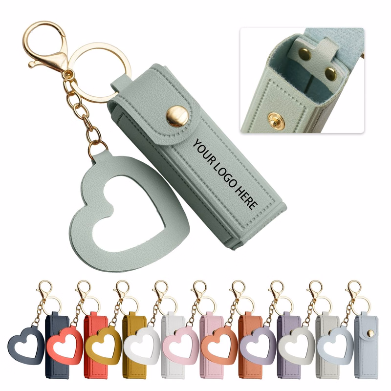 2 In 1 PU Leather Lipstick Case Keychain With Heart Mirror Charm