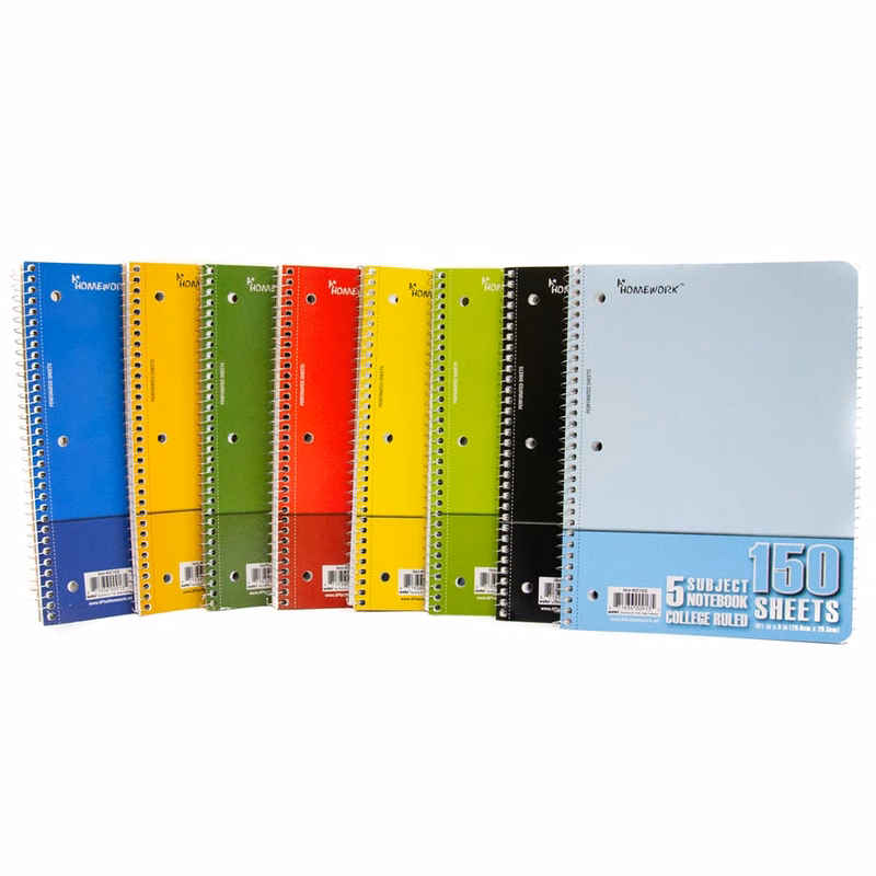 5 Subject College Ruled Spiral Notebook - 150 Sheets 8 Cover Colors