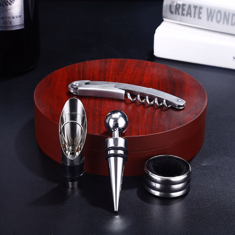 Mahogany Round Box Red Wine Opener Set